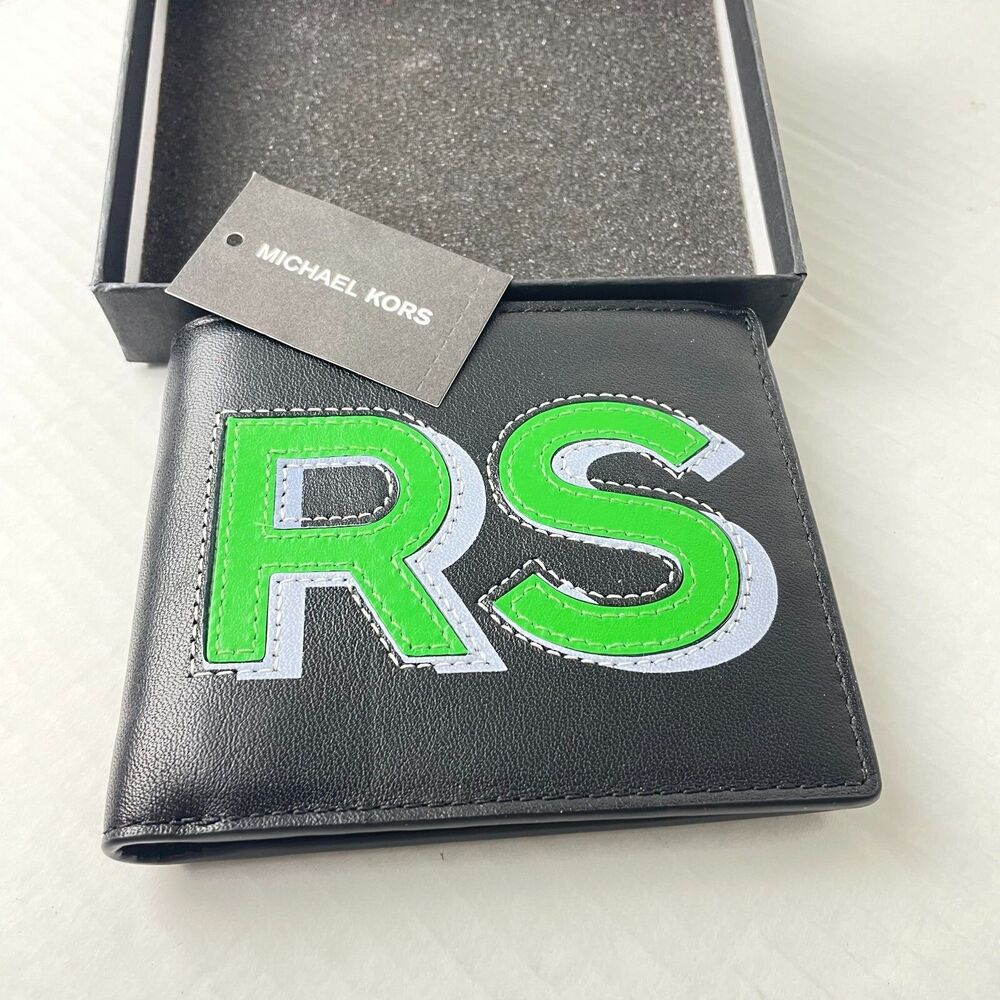 Michael Kors Men Bold Logo Billfold Black‎ Palm Green Leather Wallet Cooper